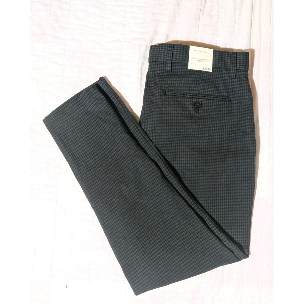 Banana Republic Grayson Slim Tapered Ankle Travel Pants 32x28 Gray Gingham NWT